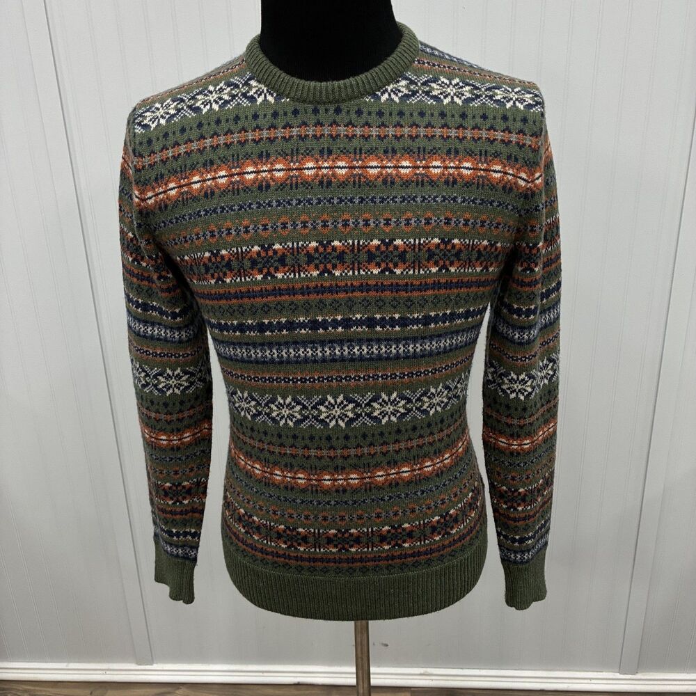J.Crew Fair Isle Sweater Mens Medium Green Wool Blend Crewneck Pullover Winter